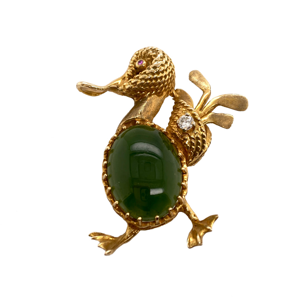 Vintage 14K Gold Jade & Diamond Duck with Golf Clubs Pin