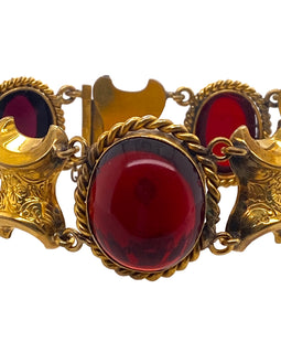 Early Victorian Pinchbeck Gold & Cabochon Garnet Paste Link Bracelet