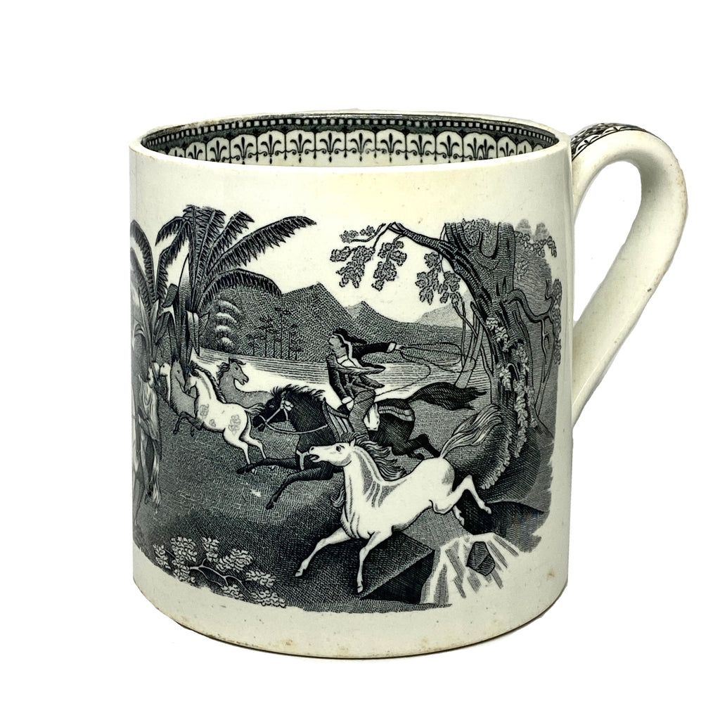 Egersunds Fayance fabric 19th C. Norwegian Ceramic Mug Horse Round Up left side view