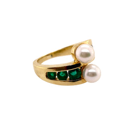 18K Gold Emerald, Diamond and Pearl Bypass Ring