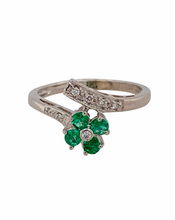 14K White Gold and Emerald and Diamond Flower Ring