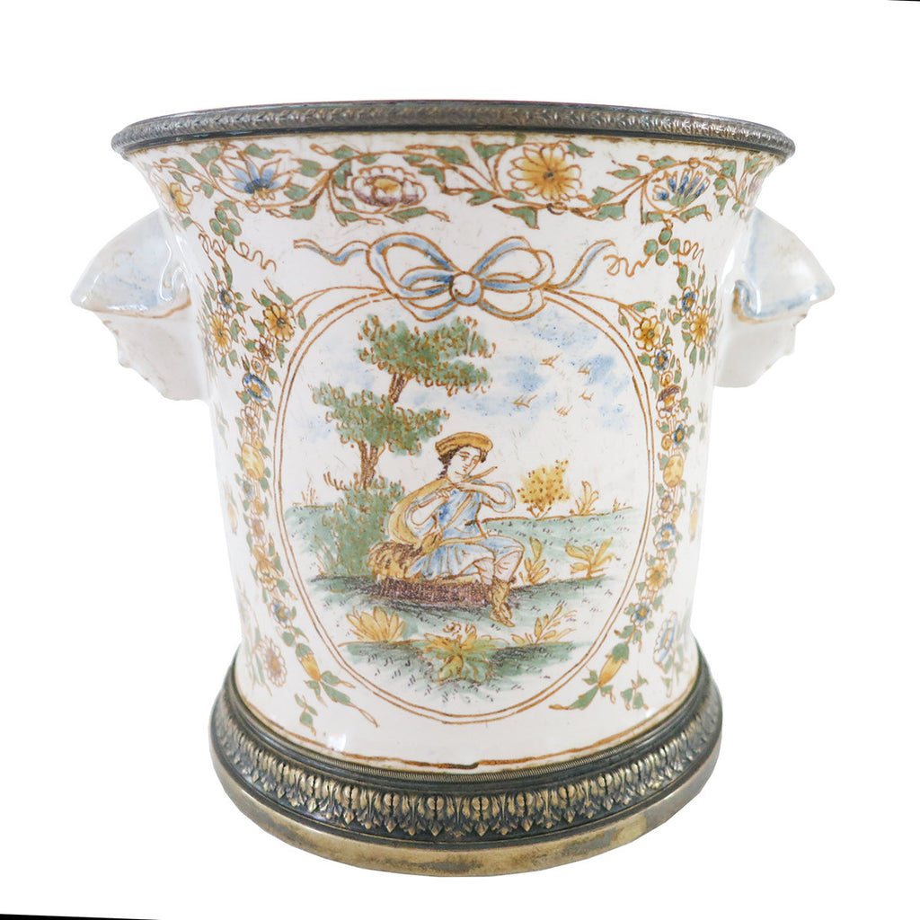 French 19th C. Silver Mounted Faience Cache Pot Vase side 1