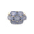 Front view of an 18K white gold ring with seven prong set cabochon blue chalcedony stones