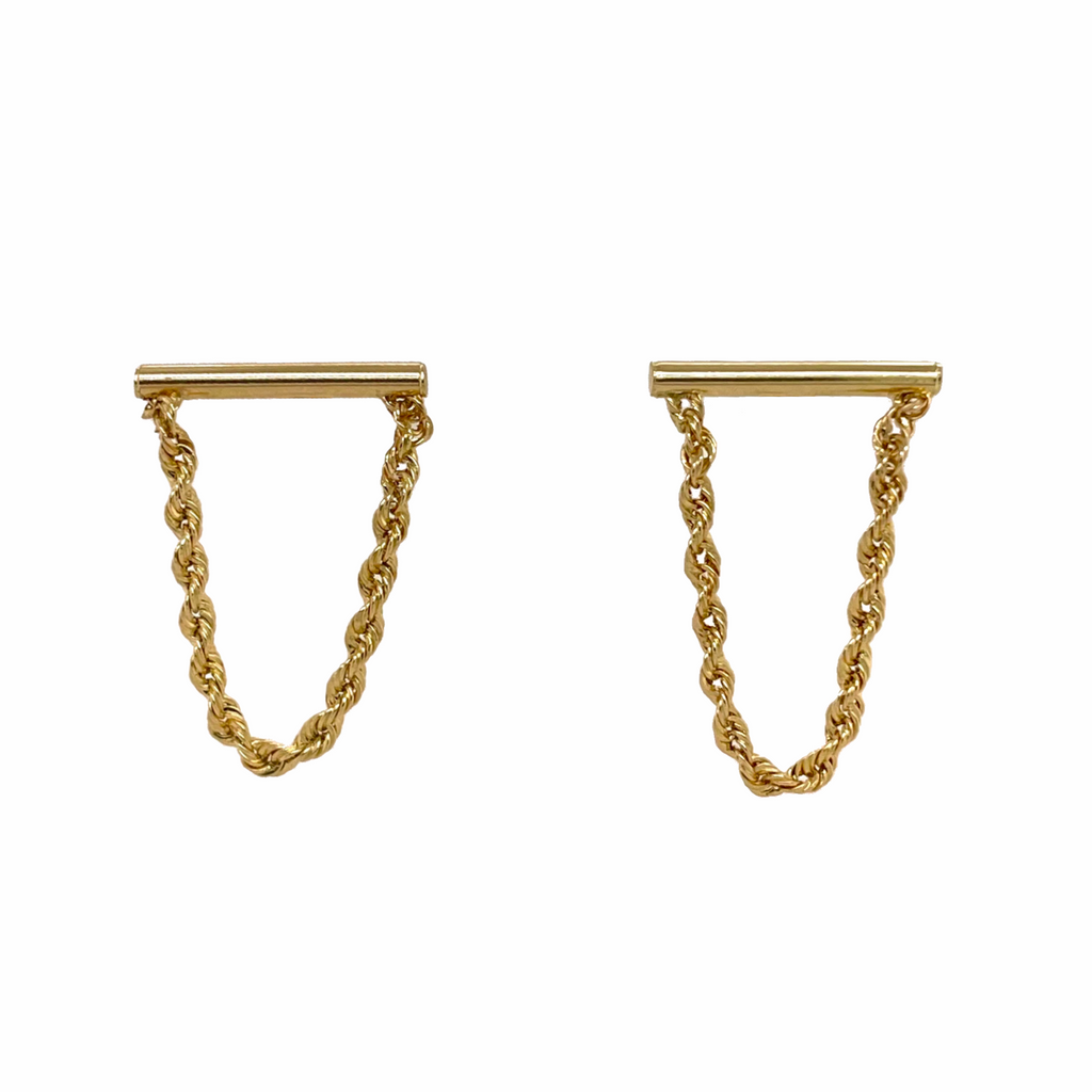14K Gold Rope Chain Dangling Earrings With Pierced Posts
