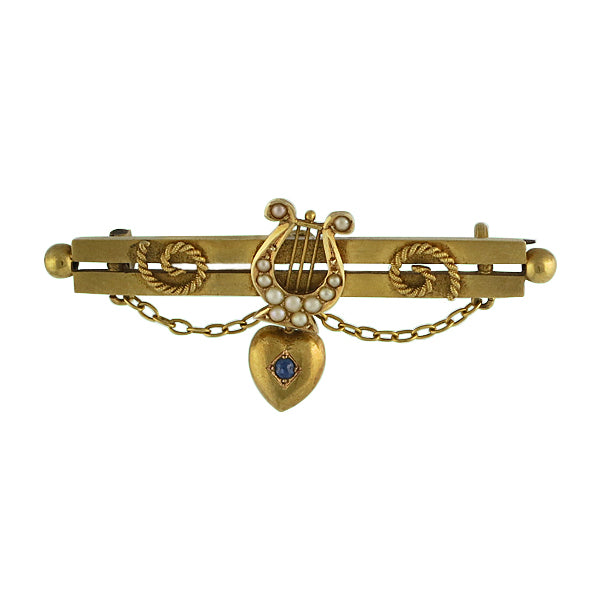 Victorian 15Ct Pearl Lyre and Sapphire Heart Bar Pin