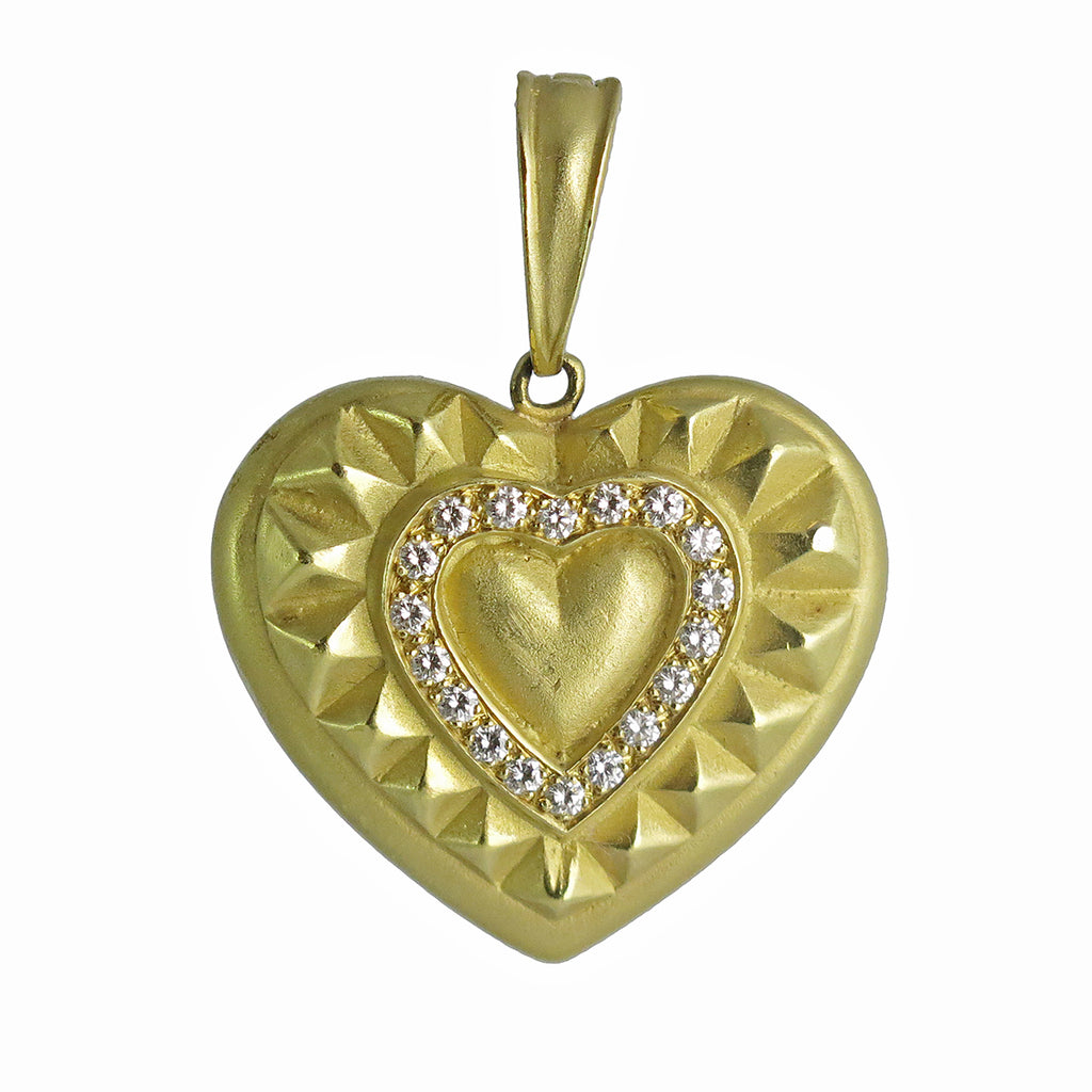 Vintage Heavy 18K Gold and Diamond Heart Pendant