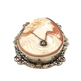 Art Nouveau White Gold Shell Cameo Pin Pendant