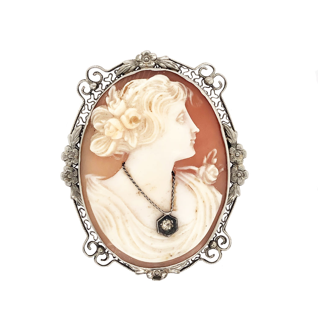 Art Nouveau White Gold Shell Cameo Pin Pendant
