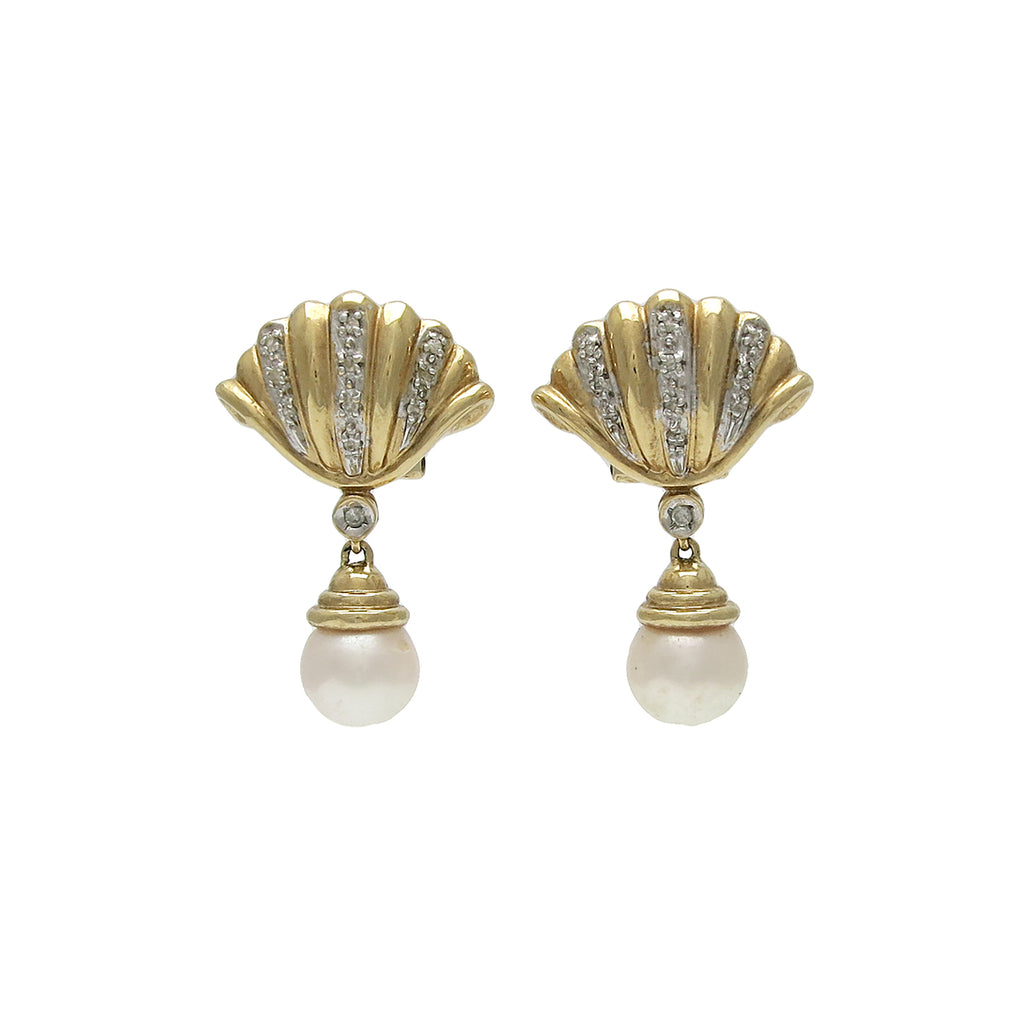 14K Gold Diamond Pearl Drop Pierced Earrings