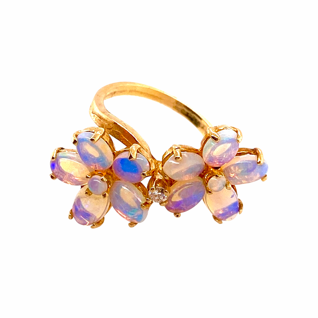 Fabulous Double Flower 14K Gold Jelly Opal Ring With Diamond