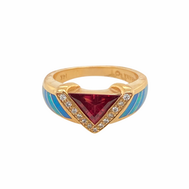 Kabana Designer 14k Gold Ring With Opals, Diamonds and a Tourmaline