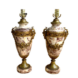 French Louis XVI Style Marble & Bronze Urn Form Lamps