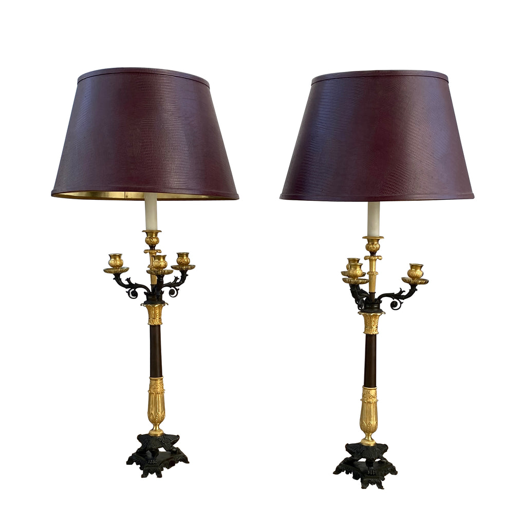 Pair French 19th C. Neoclassical Bronze Candelabra Lamps
