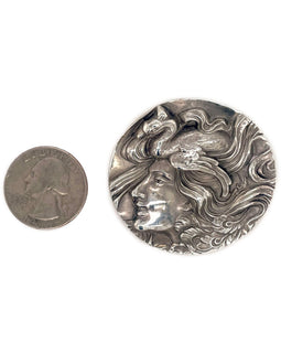 Large Unger Brothers Art Nouveau Brooch c. 1910 size comparison with a quarter