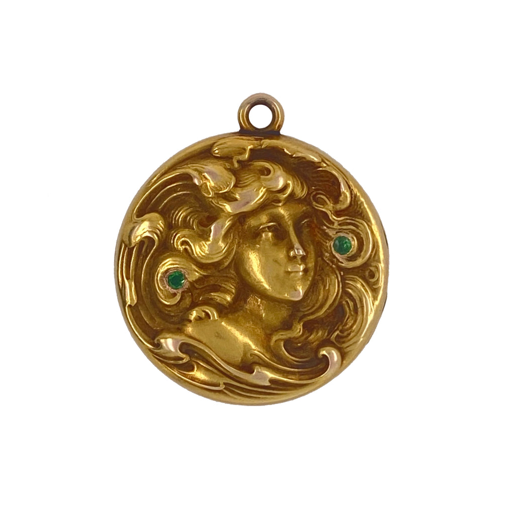 Art Nouveau 14K Gold Figural Locket with Tsavorite Garnets