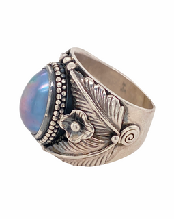 Modern Sterling Silver and Blue Pearl Ring side view