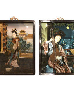 Pair Chinese Portraits Of Ladies Reverse Paintings On Glass front
