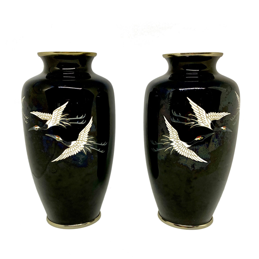 Pair Japanese Cloisonne Vases With Flying Cranes front