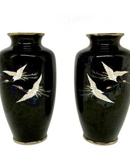 Pair Japanese Cloisonne Vases With Flying Cranes front
