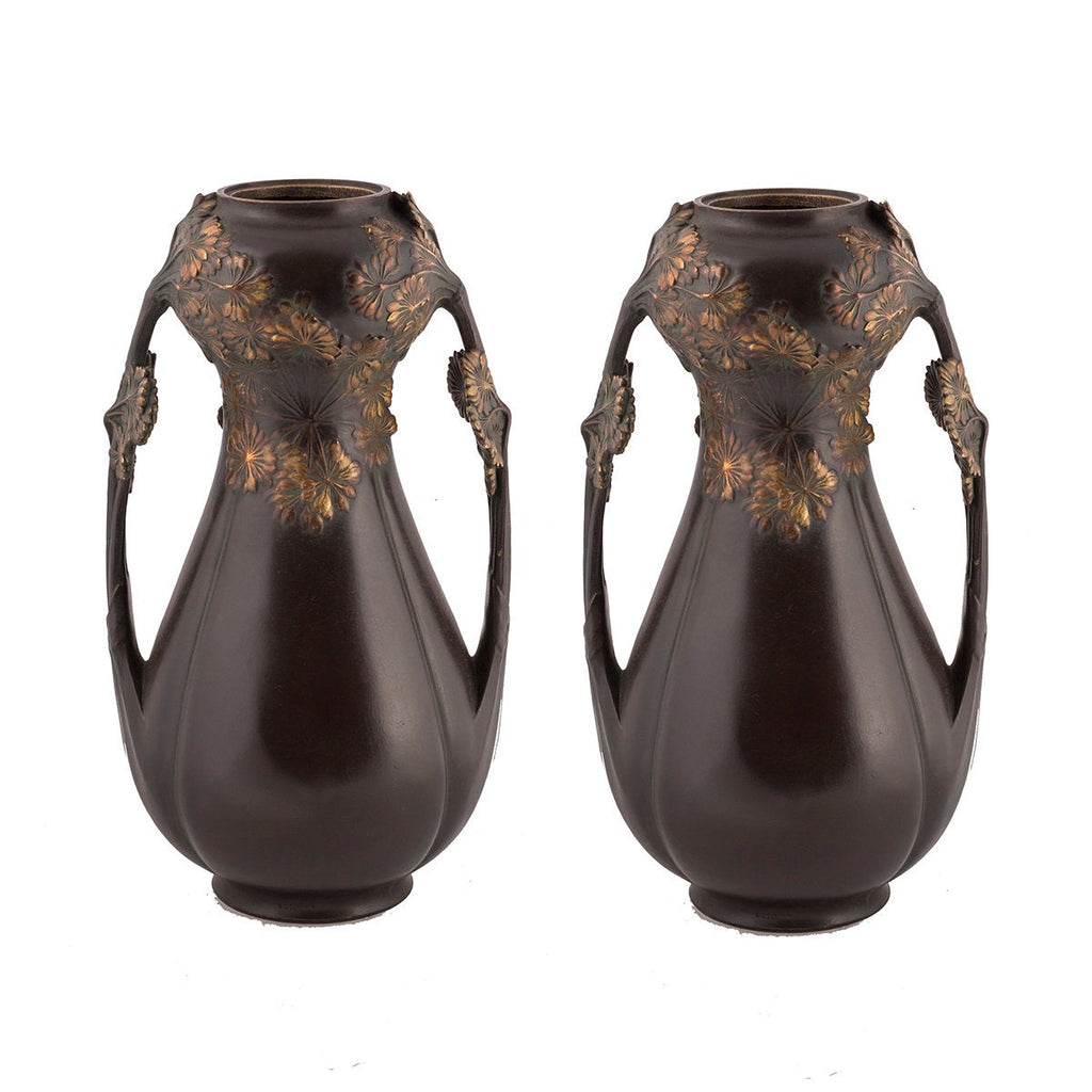 Pair Of Bronze French Art Nouveau Vases Leon Kann