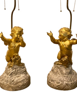 Pair of French 19th Century Gilt Bronze Cherub Figures Mounted as Lamps