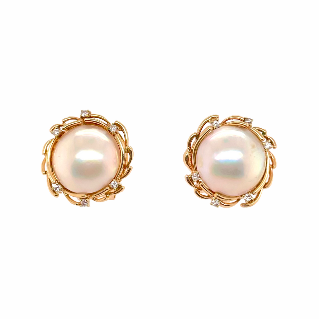 14K Gold Mabe Pearl & Diamond Earrings With Omega Pierced Clip Backs