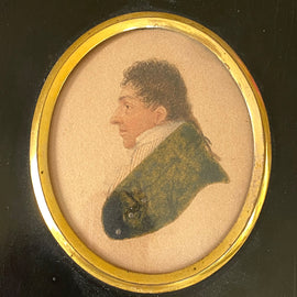 Early 19th C. English Miniature Profile Portrait Watercolor on Paper