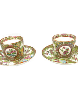 Pair Chinese Rose Medallion Porcelain Petite Tea Cups and Saucers
