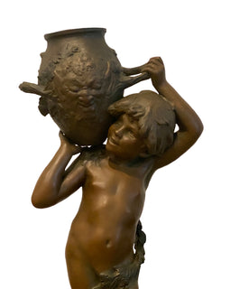 Aguste Moreau Patinated Spelter Boy Holding Jug on a Marble Base