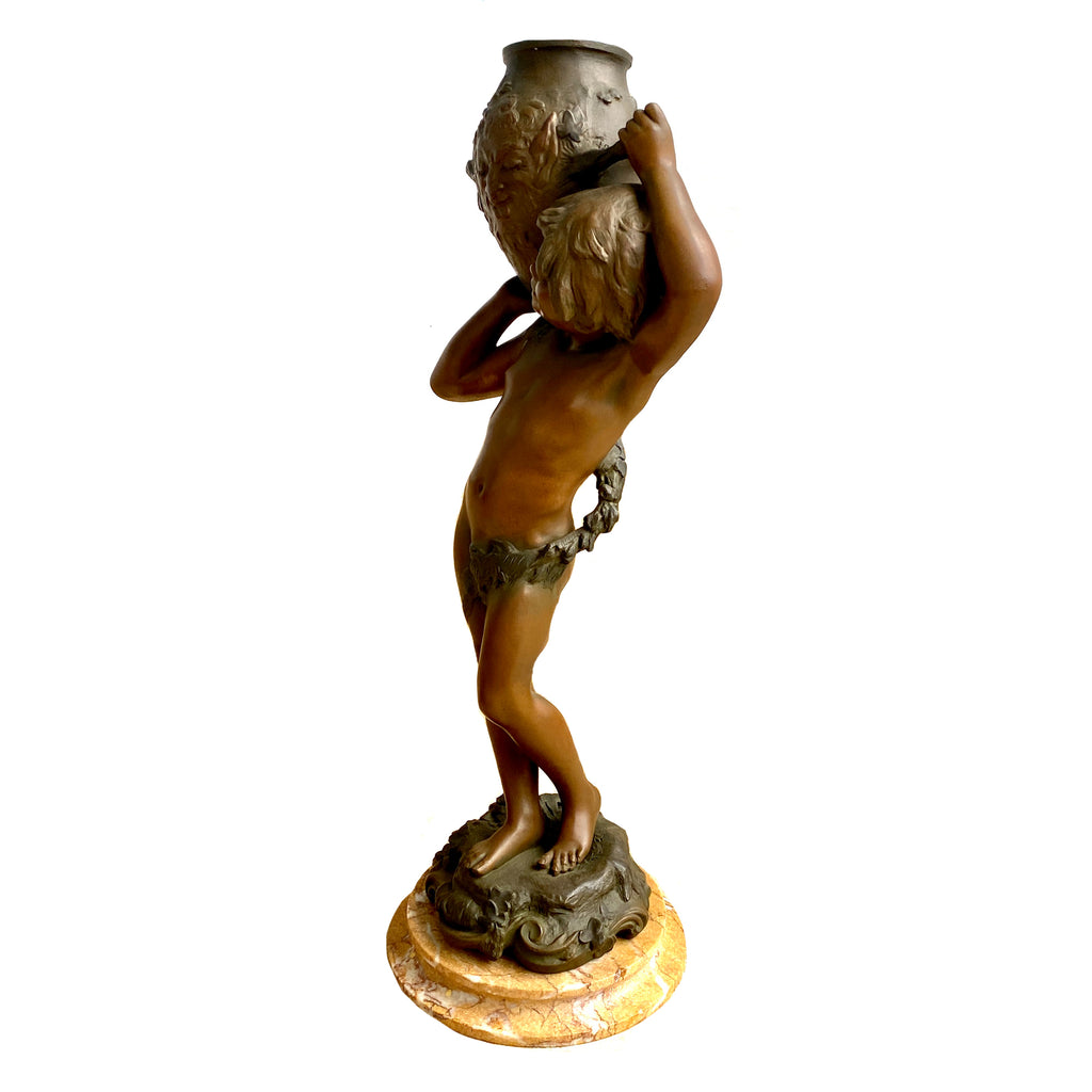19th C. Patinated White Metal Sculpture of a Boy Holding A Jug