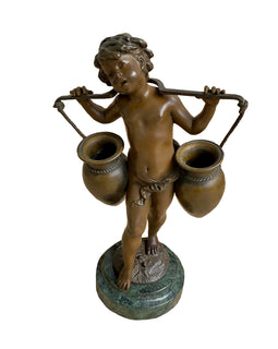 French 19th C. Bronze By August Moreau, Boy with 2 Jugs