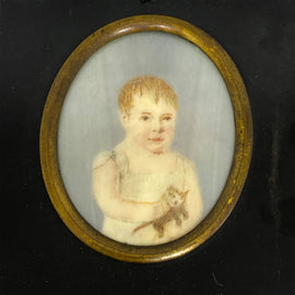 19th C. Miniature Folk Art Portrait of a Child Holding A Cat / Kitten