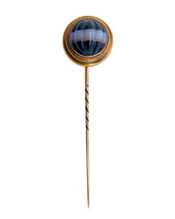 Victorian Carved Banded Agate 14K Gold Stickpin c. 1880