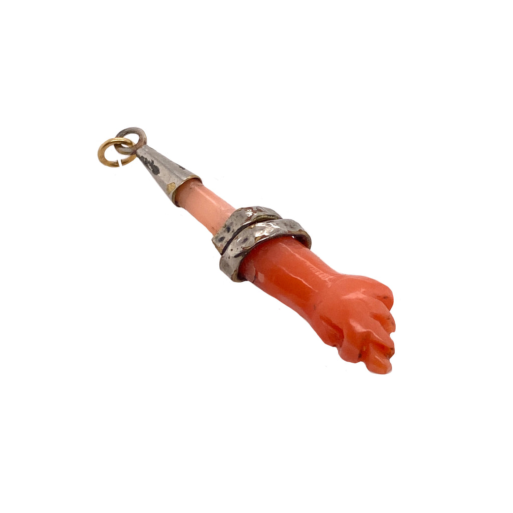 Victorian Carved Coral Figa Hand Fist Charm With Silver Mounts