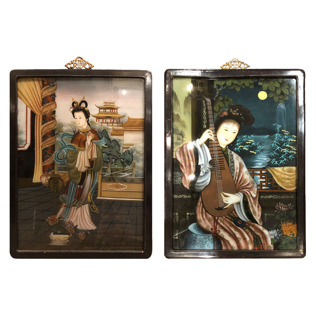 Pair Chinese Portraits Of Ladies Reverse Paintings On Glass