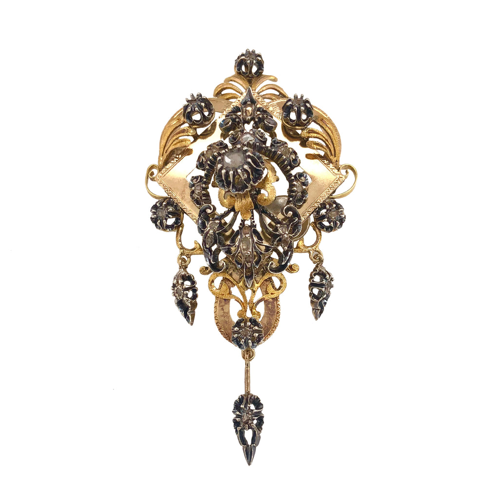Victorian 18K Gold & Silver Diamond Long Brooch