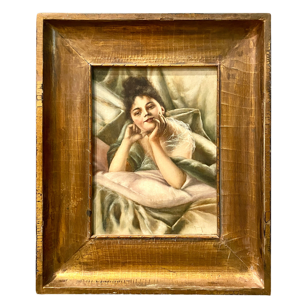 Continental 19th C Art Nouveau Portrait Painting of Young Woman