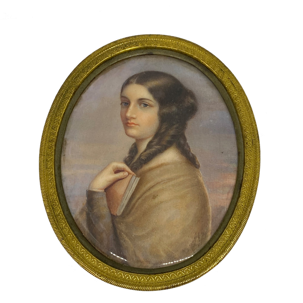 19th C. Portrait Miniature of a  Woman Holding a Book
