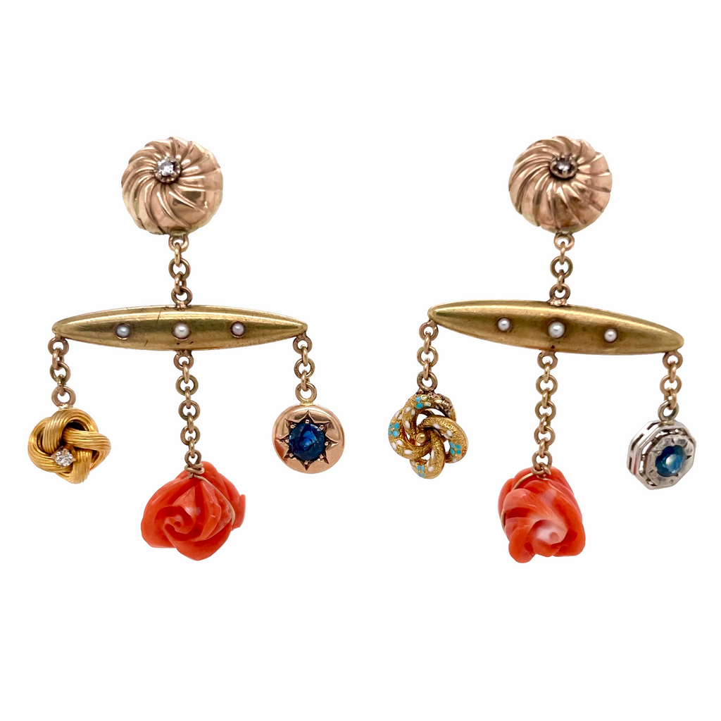 Repurposed 14K Gold Victorian Stick Pin and Lingerie Pin Charm Earrings