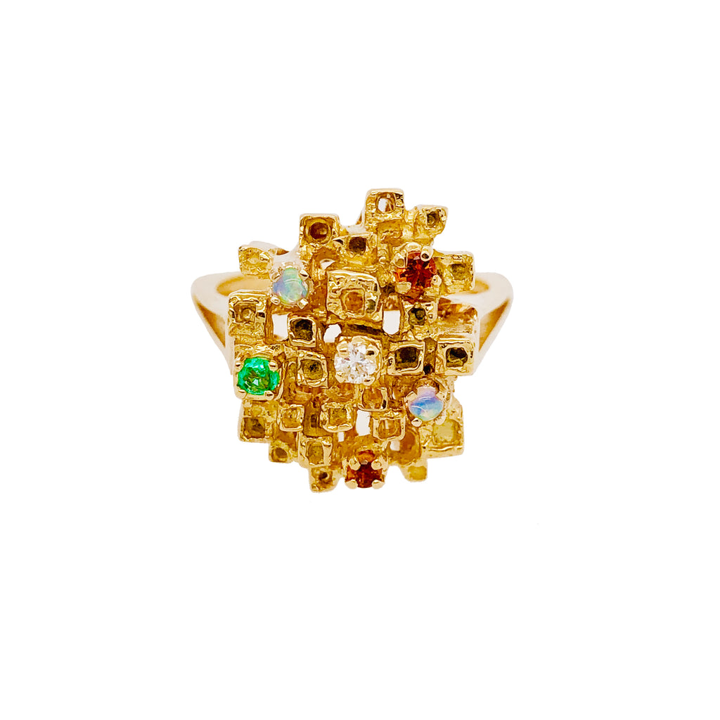 Abstract Modernist 14K Gold Gemstone Cocktail Ring