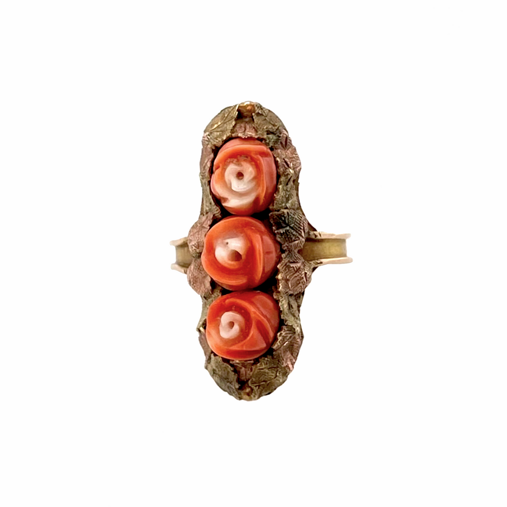 Victorian 14K Rose & Yellow Gold Ring With Carved Coral Roses
