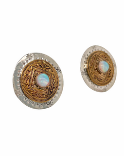 Designer Sterling and Opal Round Disk Pierced Post Earrings