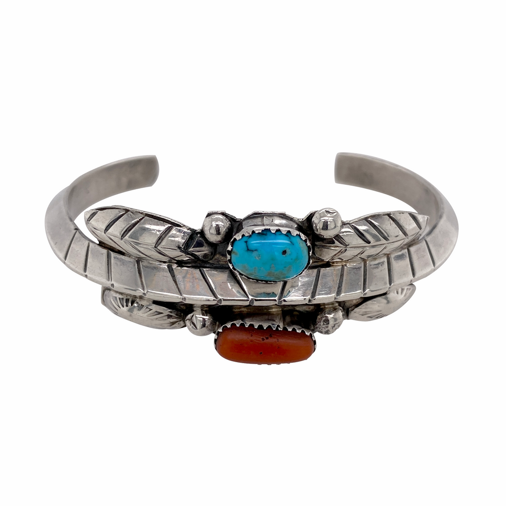 Native American Sterling Turquoise and Coral Cuff Bracelet signed C.Lef