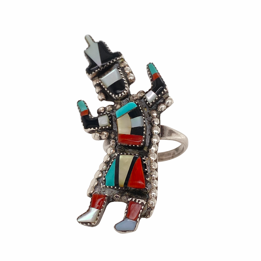 Zuni Native American Sterling and Inlaid Stone Figural Ring