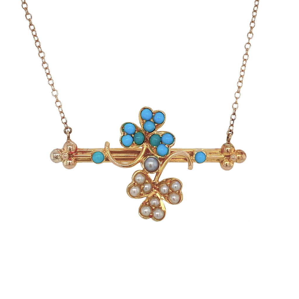 English 15Ct Gold Turquoise & Seed Pearl Clover Repourposed Necklace