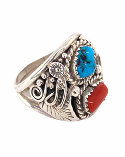 Vintage Men's Native American Sterling Turquoise & Coral Ring L. Spencer