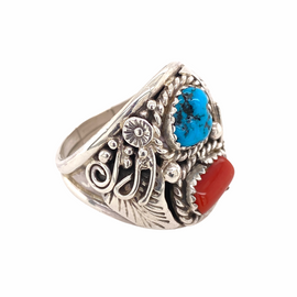 Vintage Men's Native American Sterling Turquoise & Coral Ring L. Spencer