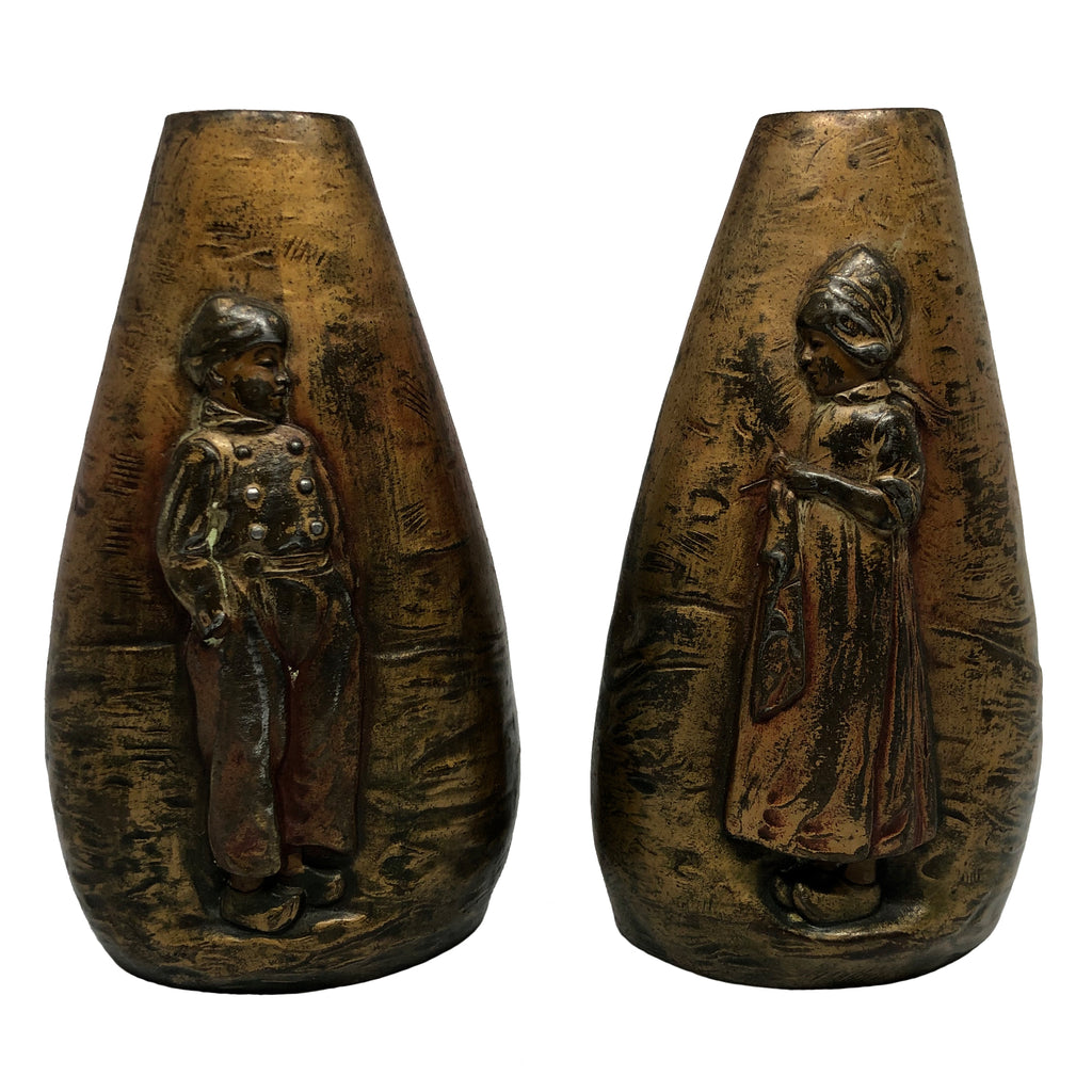 Pair Of Figural Relief ” Dutch Boy And Girl ” Bronze Vases