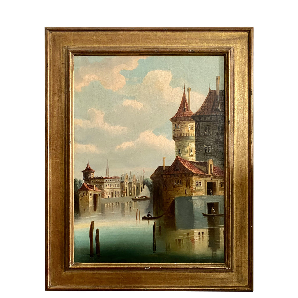 19th C. Venetian Canal Scene Oil on Canvas Painting