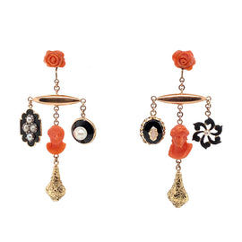 Victorian 14K Gold Charm Earrings | Coral, Pearl & Enamel full view of pair